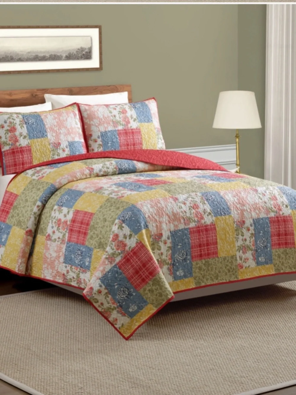 Farmhouse Floral Patchwork Printed Queen Size Quilt Set Cottagecore Shabby Chic